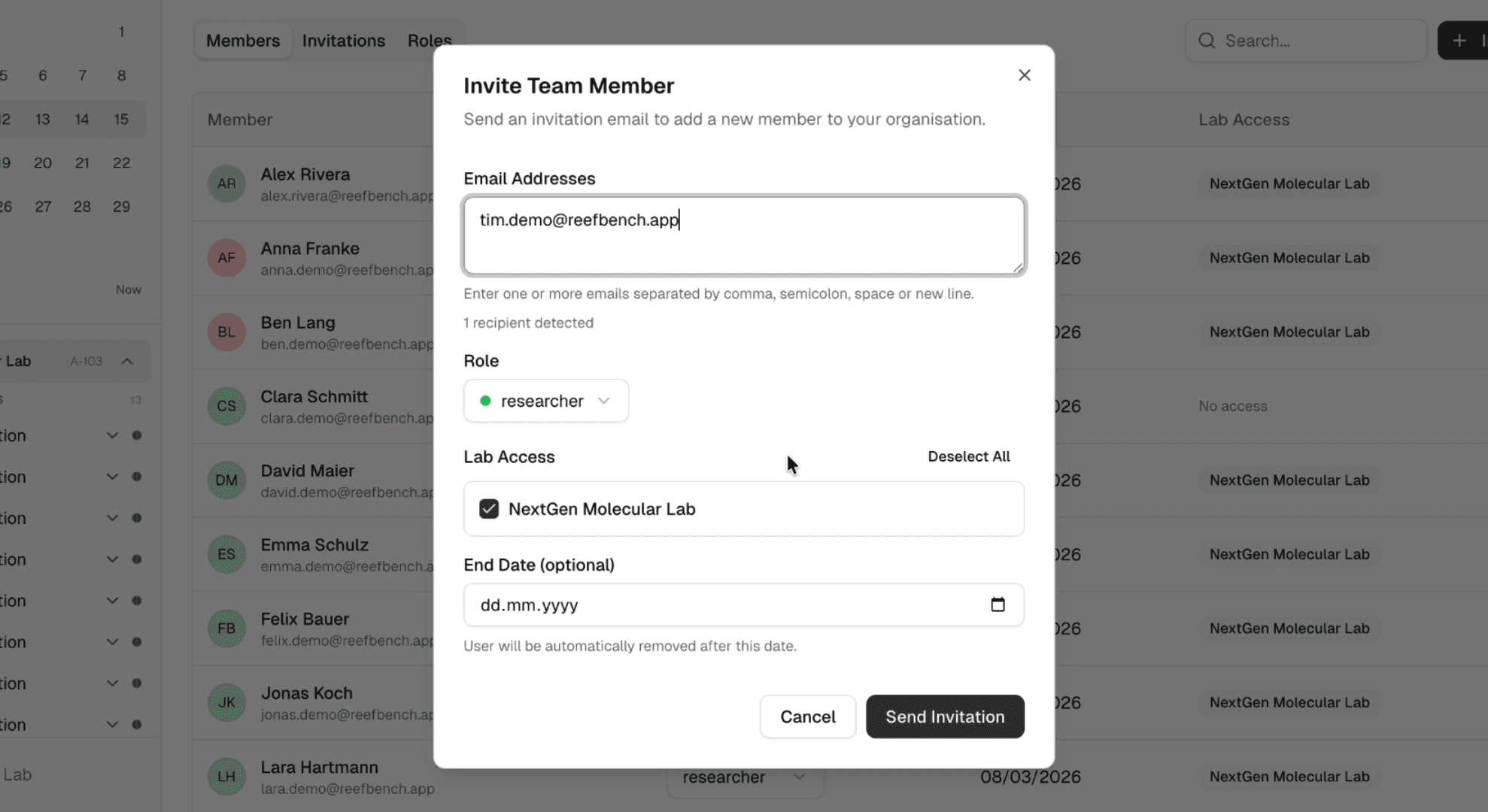 Invite team flow in ReefBench